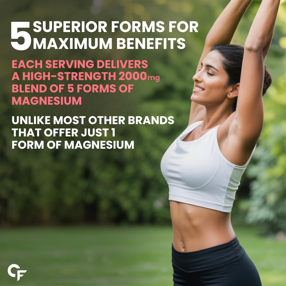 Woman exercising outdoors with promotional text about magnesium supplement benefits