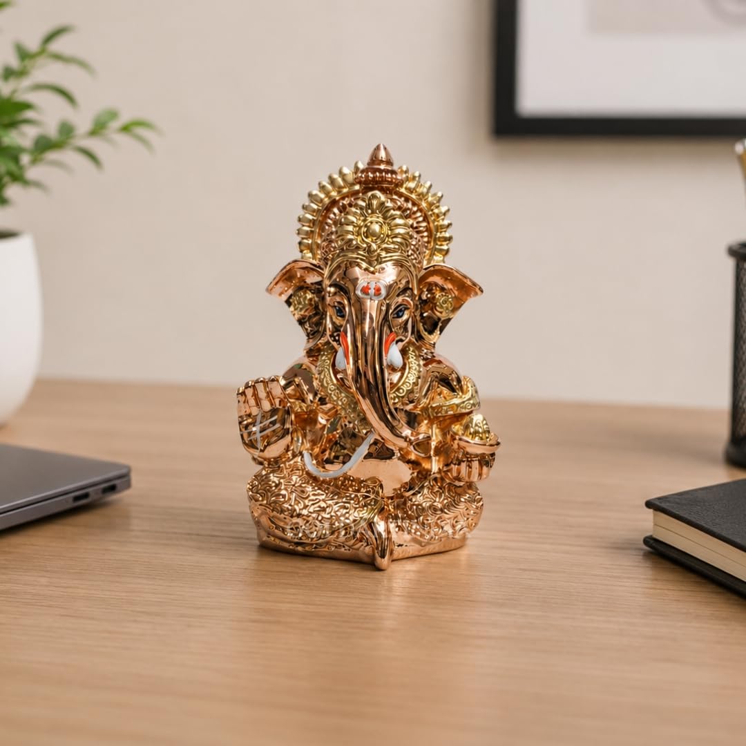 Gold Art India Rose Gold Finish Lord Ganesha Idol 3.5 Inch for Home Temple, Office Desk & Gifting | Premium Ganpati Murti