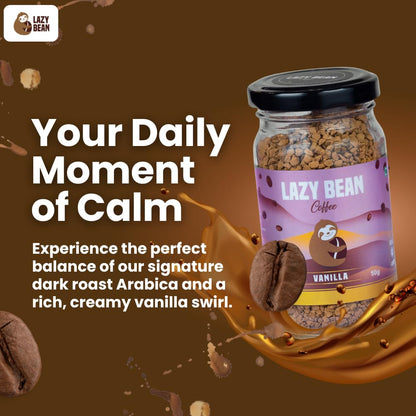 Lazy Bean Vanilla Flavoured - Premium Instant Coffee Powder 50 g | Strong Black Coffee, Rich Aroma, Quick-Dissolving Granules | Ready in Seconds for Hot or Iced Brews at Home, Office, Travel