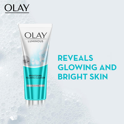 Olay Luminous brightening foaming cleanser with text on a light gray background