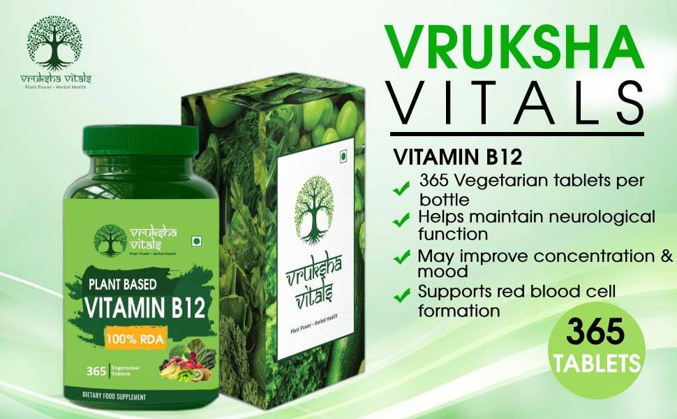 Vruksha Vitals Vitamin B12-100% RDA [LAB TESTED - COA] 365 Tablets/Capsules Supplements - Plant Based Methylcobalamine/Mecobalamine Supplement