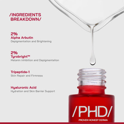Proven Honest Derma /PHD/ 2% Alpha Arbutin Depigmentation Serum | Alpha Arbutin for Pigmentation & Dark Spot | Pigmentation serum for Women & Men | Tyrobright™, Niacinamide | Tan removal | Fragrance-Free | 30ml