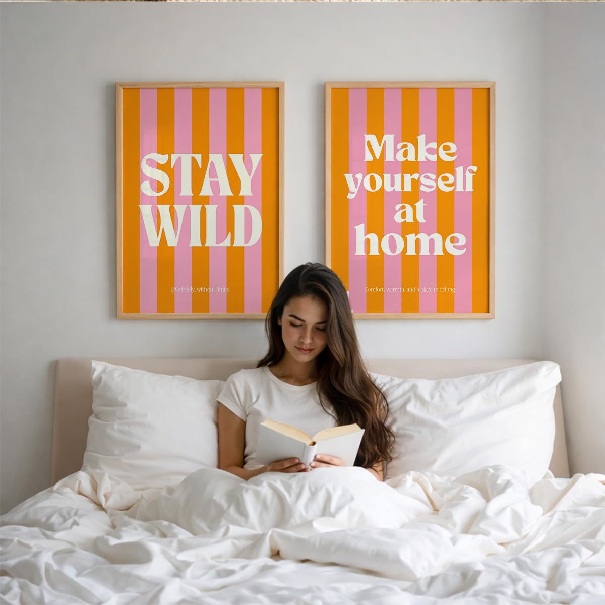 Stay Wild Make Yourself At Home Wall Art Set of 2 Framed Paintings | Orange Pink Retro Typography Poster | Bedroom Living Room Home Décor (Art 8, 10x13 Inches)