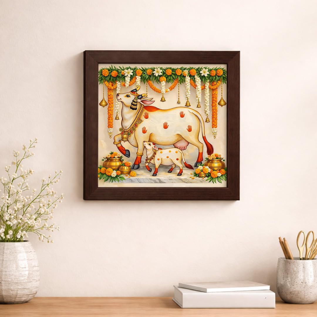 Kamdhenu Divine Vastu Sacred Cow Calf Hindu Spiritual Religious Pooja Mandir Traditional Indian Framed Poster Artwork Decor Painting