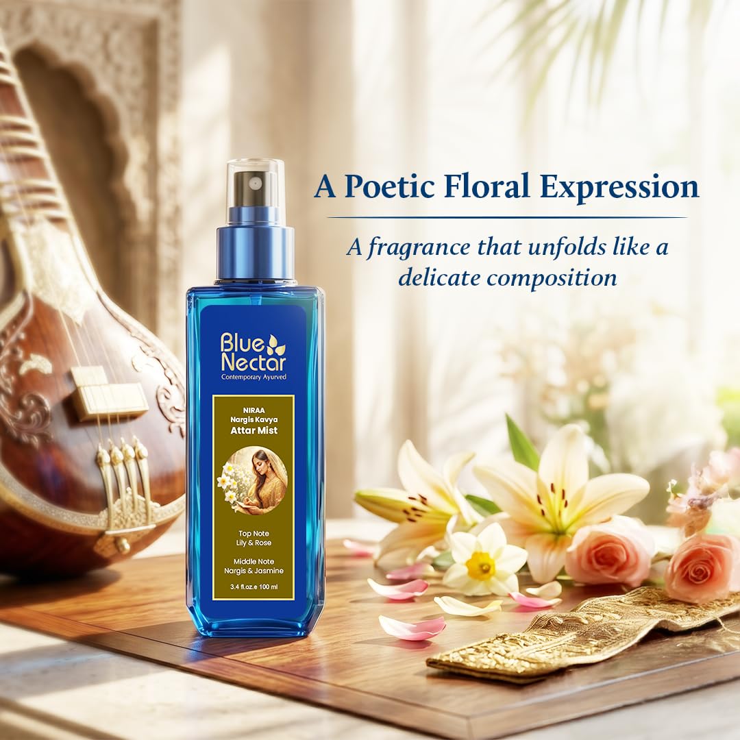 Blue Nectar Niraa Nargis Kavya Attar Mist | Perfume Mist for Women & Men | Long-Lasting Nargis Attar with Lily, Rose & Jasmine | Floral Body Mist Spray | Travel-Friendly (100 ml)