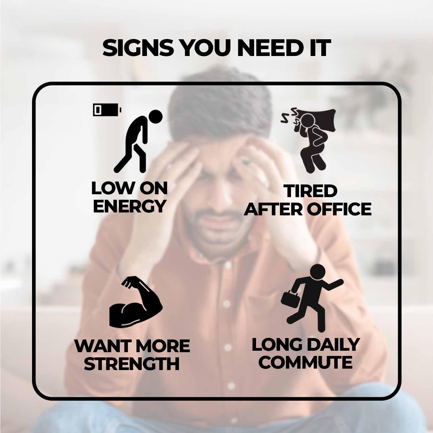 Person with stressed expression and icons indicating signs of needing a product or service, with text 'SIGNS YOU NEED IT'.