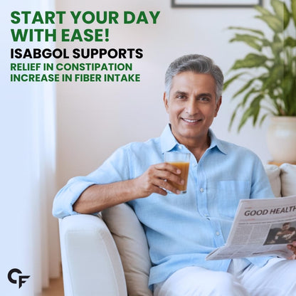 Man sitting on a couch holding a glass of juice and a newspaper, with promotional text about Isabgol.