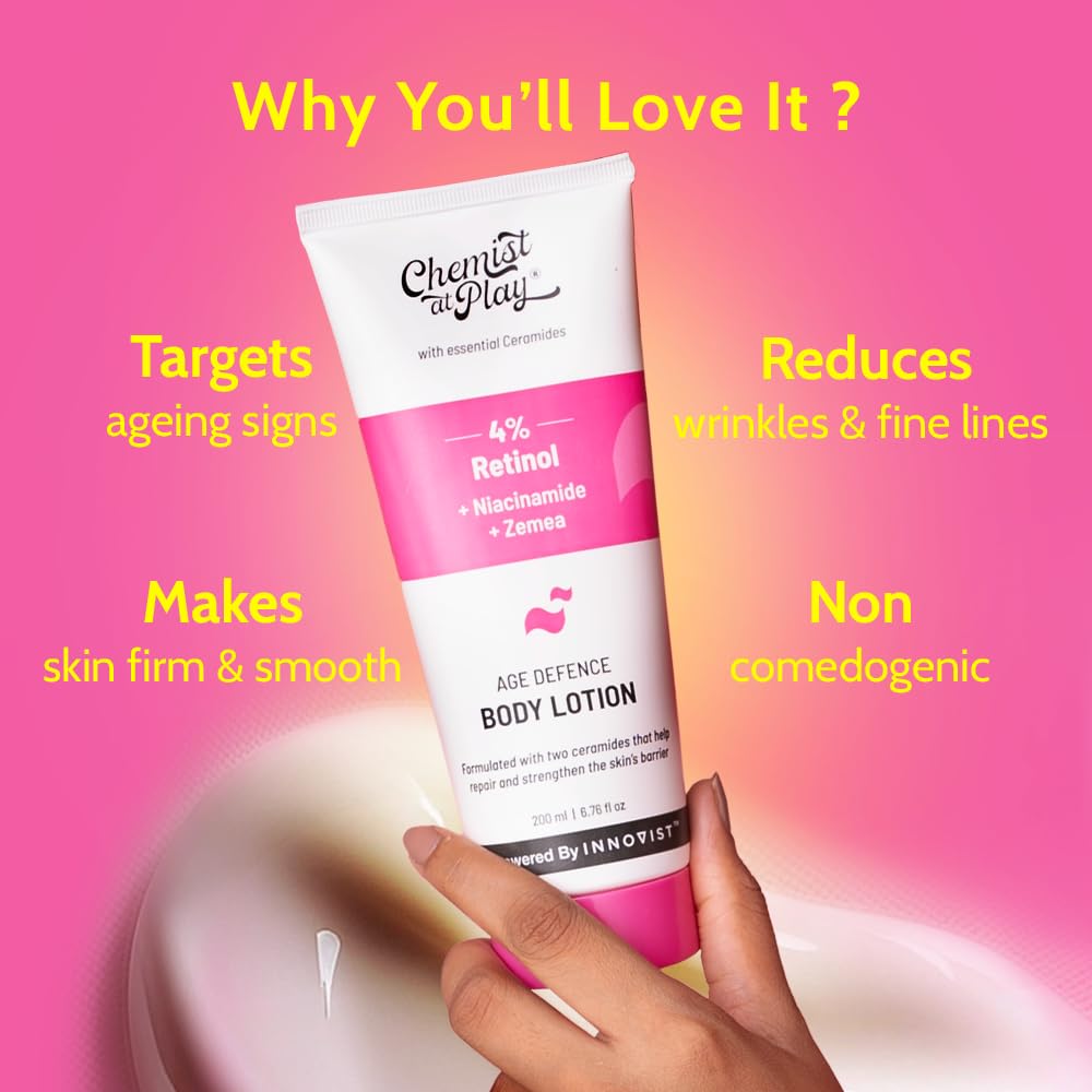 Chemist At Play Anti-Aging Body Lotion with 4% Retinol, Niacinamide & Zemea | Skin Brightening for Dry & Oily Skin | Fights Visible Signs Of Aging 200ml