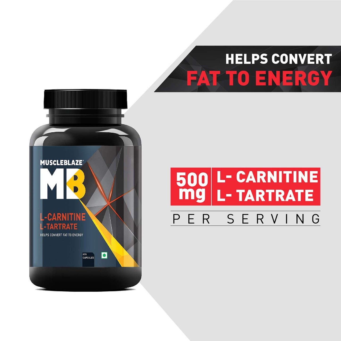 MuscleBlaze L-Carnitine L-Tartrate for Adults, Helps Convert Fat into Energy (Unflavoured, Capsules 60 Count )