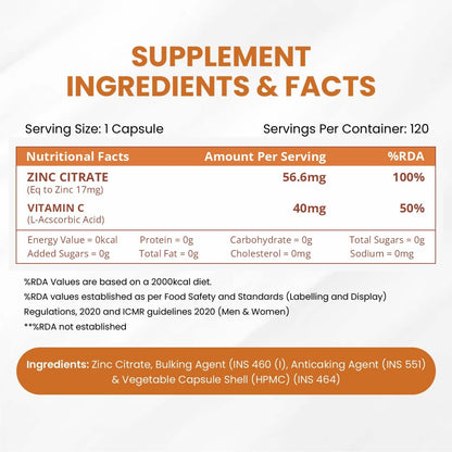 Vlado’s Himalayan Organics Zinc Citrate with Vitamin C | Zinc Supplements for Men & women with 100% RDA Zinc | Immunity & Cellular Health Support - Support Healthy Immune Function | Improve Iron Absorption | Antioxidant Support - 120 Tablets