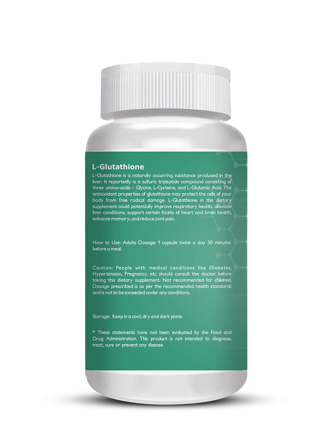 Bottle of L-Glutathione supplement with green label on a white background