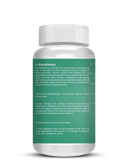 Bottle of L-Glutathione supplement with green label on a white background