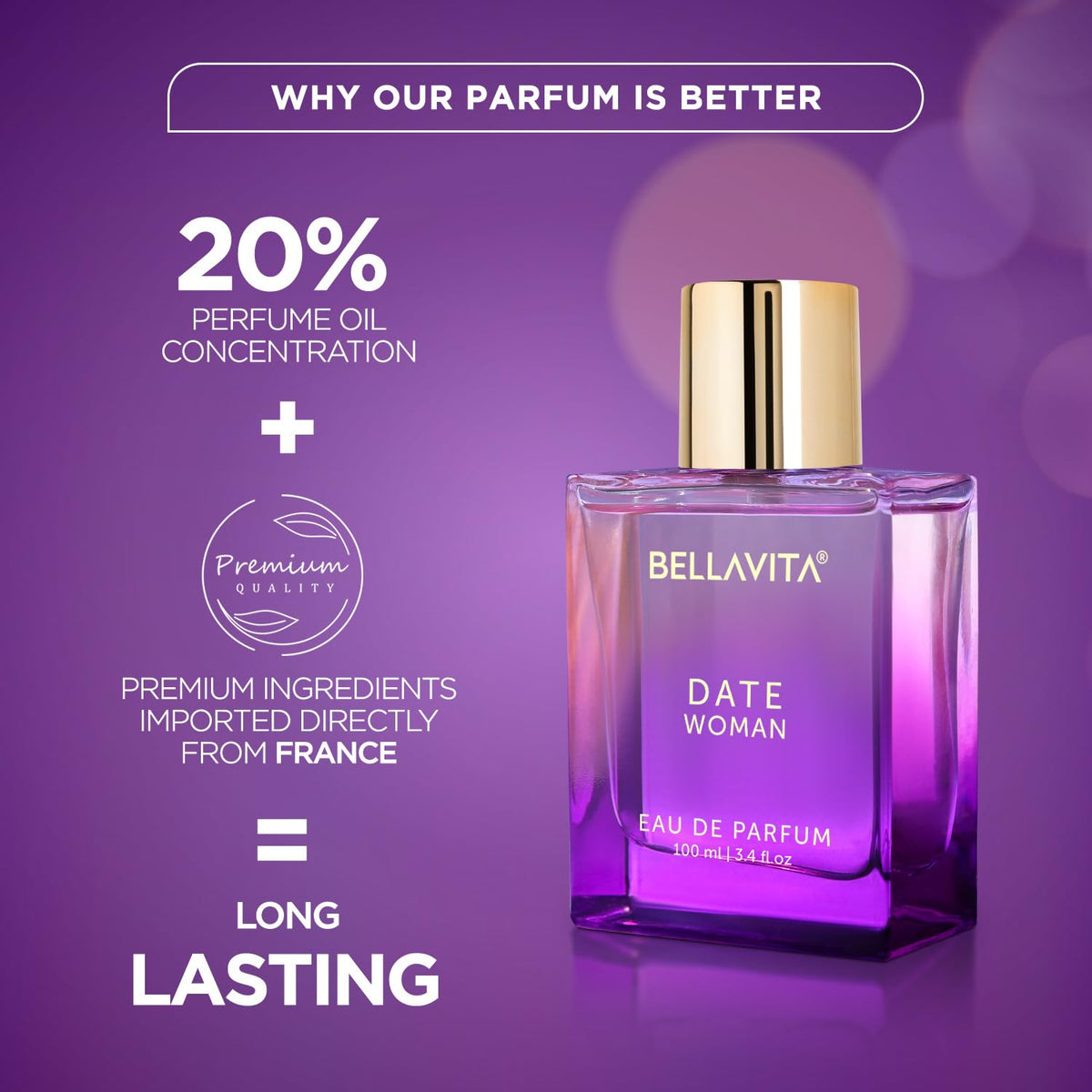 Bellavita Date Woman perfume bottle on a purple background with text highlighting features.