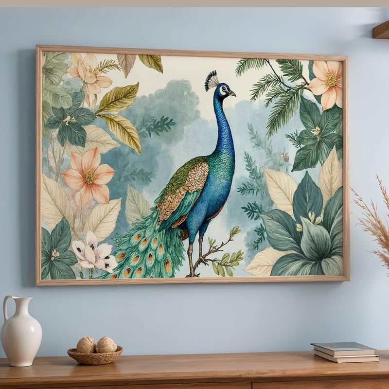 Peacock Wall Painting with Frame Set of 1 | Premium Botanical Bird Artwork, Floral Nature Inspired Decorative Wall Art for Living Room, Bedroom, Office and Home Decoration (3D Art-12,13x19inch)