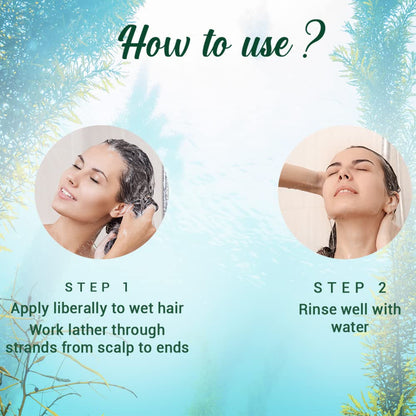 Instructions on how to use a hair care product with two steps shown against a nature-themed background.