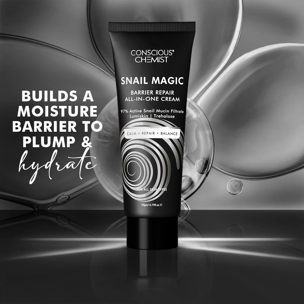 Tube of Conscious Chemist Snail Magic Barrier Repair Cream on a dark background