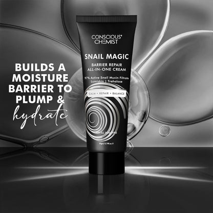 Tube of Conscious Chemist Snail Magic Barrier Repair Cream on a dark background