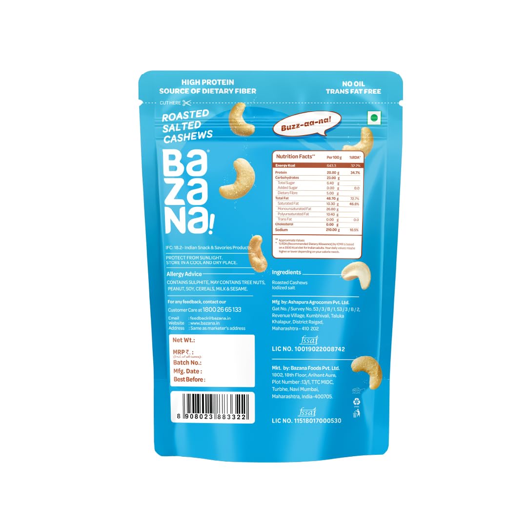 Bazana Premium Roasted Salted Cashews/Kaju, 170g | Perfectly Roasted Savory Nuts | Crunchy, Protein-Rich Healthy Snacks