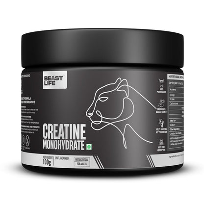 BeastLife Micronised Creatine Monohydrate with Free Shaker | 100g | 33 Servings | Unflavoured | NABL Lab Tested | Rapid Absorption for Muscle Strength & Athletic Performance | Super Micronised Creatine Powder