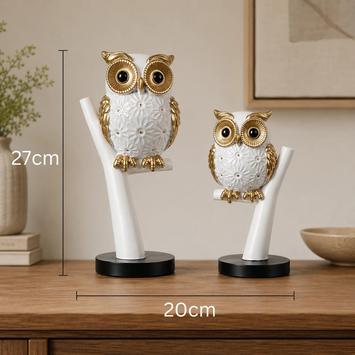 Charming Owl Figurine Set for Home & Office Décor | Handcrafted Modern Showpiece for Living Room, Study, Shelf & Table Styling (White & Gold)