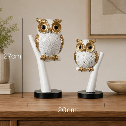 Charming Owl Figurine Set for Home & Office Décor | Handcrafted Modern Showpiece for Living Room, Study, Shelf & Table Styling (White & Gold)