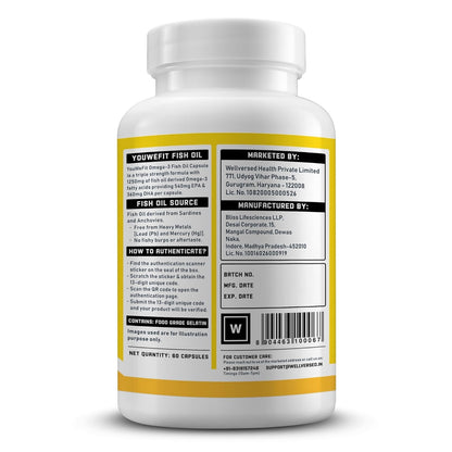 YouWeFit Triple Strength Omega 3 Fish Oil Capsules - Soft Gels With 540mg EPA & 360mg DHA To Support Heart & Joint Health | Omega 3 Supplement 1250mg