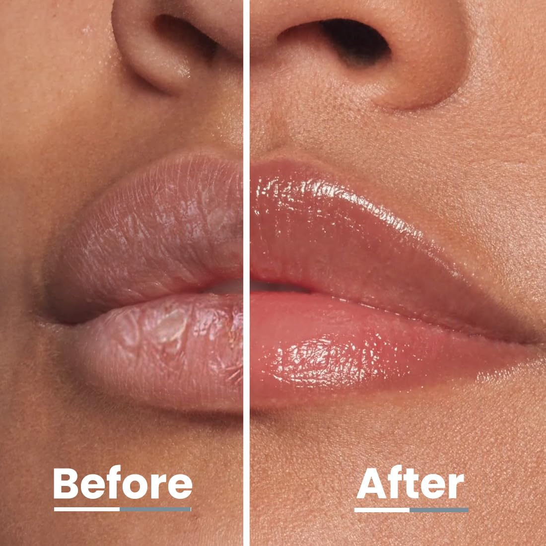 Before and after comparison of lips with a clear lip balm application.