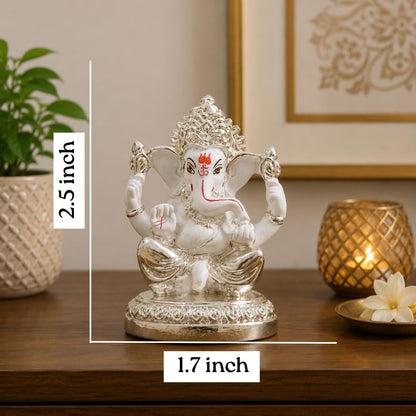 Gold Art India Ceramic 7X4X4 Cm, Silver And White Ganesh Idol For Car Dashboard Small Ganesha Murti Ganpati Idol For Home Decor Puja Lord Ganesh Statue Gift For Office Desk Puja Room Figurine