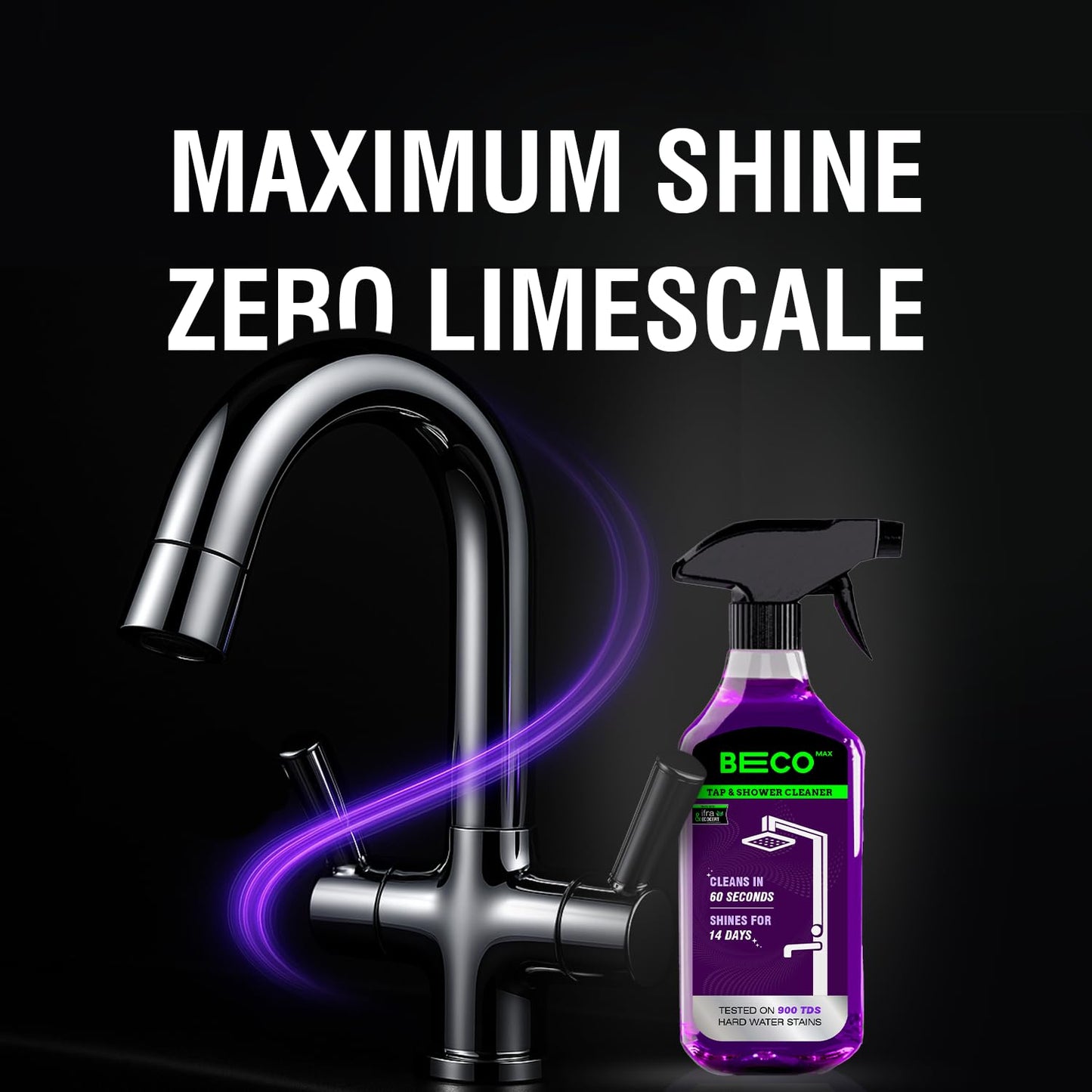 Beco Tap-Shower & Limescale Remover -500 ml | Descaler Liquid | Instantly Removes Stains | Cleans in 60 seconds | Non-Toxic | Max Shine | Suitable for Bathroom, Taps, Showers,Tiles, Mirrors