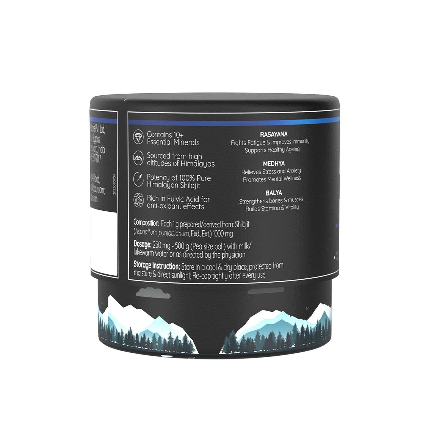Back view of a supplement container with mountain design and text on a white background