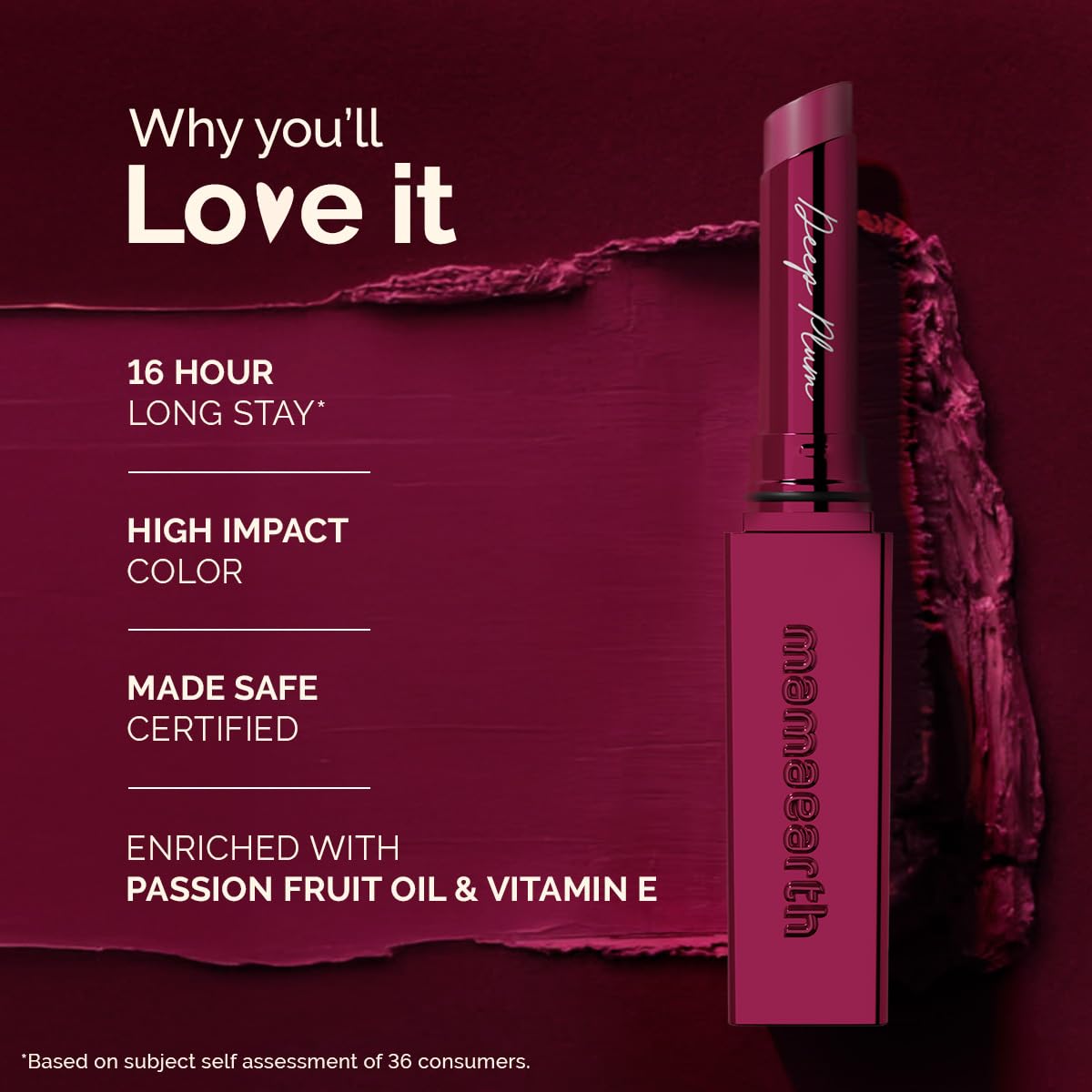 Mamaearth Luxe Matte Long Stay Lipstick with Passion Fruit Oil & Vitamin E -2g | Deep Plum 16 Hour Long Stay | High Impact Color | Made Safe Certified