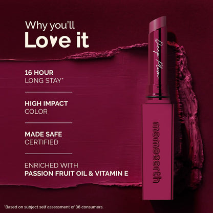 Mamaearth Luxe Matte Long Stay Lipstick with Passion Fruit Oil & Vitamin E -2g | Deep Plum 16 Hour Long Stay | High Impact Color | Made Safe Certified