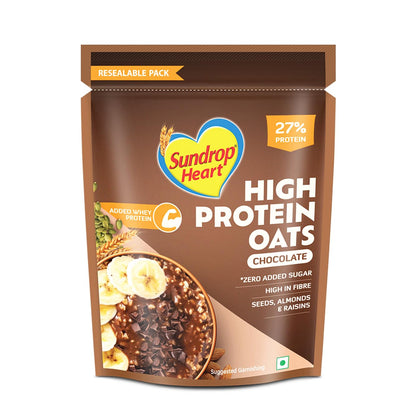 Sundrop Heart High Protein Oats| 27g Protein| Zero Added Sugar| Whey Protein Added| 12.6g Fibre| 500g| Chocolate| Added Seeds, Almonds & Raisins