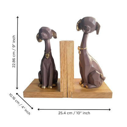 eCraftIndia Wooden Book End and Set of 2 Cute Dog Statues Animal Figurines Decorative Showpieces for Home Decor in Living Room Office