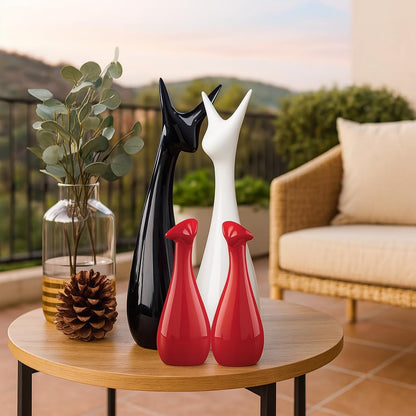 Home Decor Lucky Deer Family Statue Piano Finish Ceramic Figures - (Set of 4, Red Black, White)