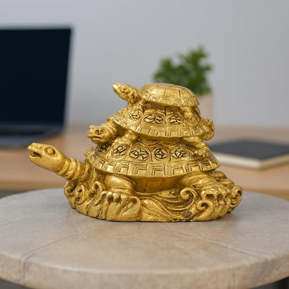 Triple Tortoise Turtle Family | Golden Feng Shui Tortoise for Good Luck | Metal Turtle Vastu Showpiece for Wealth, Health & Prosperity | Lucky Turtle Gift Item for Home & Office Decor