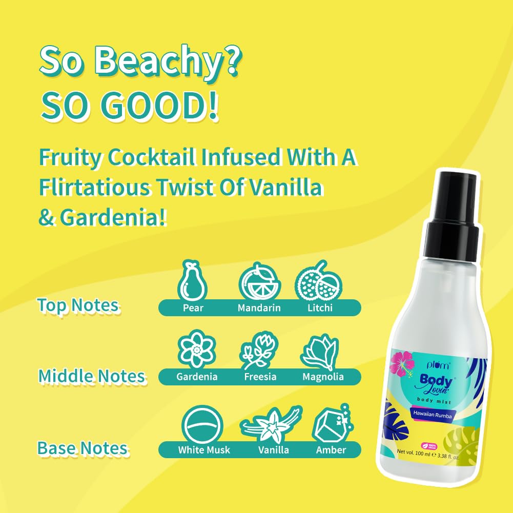 Plum BodyLovin Hawaiian Rumba Body Mist for Women | Refreshing Long Lasting Tropical Fragrance | Perfume Body Spray for Women | Vegan & Paraben Free | Travel Friendly Beachy Fresh Scent | 100ml