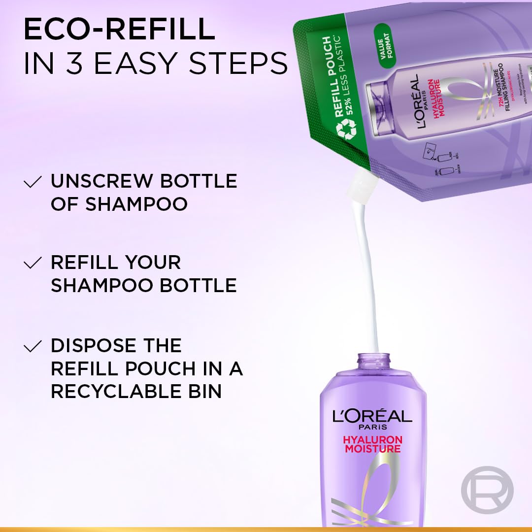 L'Oreal Paris shampoo bottle with refill pouch on a purple background, showing eco-refill process.