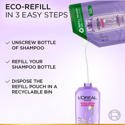 L'Oreal Paris shampoo bottle with refill pouch on a purple background, showing eco-refill process.