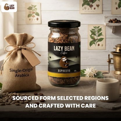 Lazy Bean Espresso Instant Coffee | 100% Arabica Coffee | Medium Roast | Rich & Bold Espresso Style Flavour | Premium Instant Coffee Powder | Strong Aroma | Smooth Full-Bodied Café Style Coffee | 50g