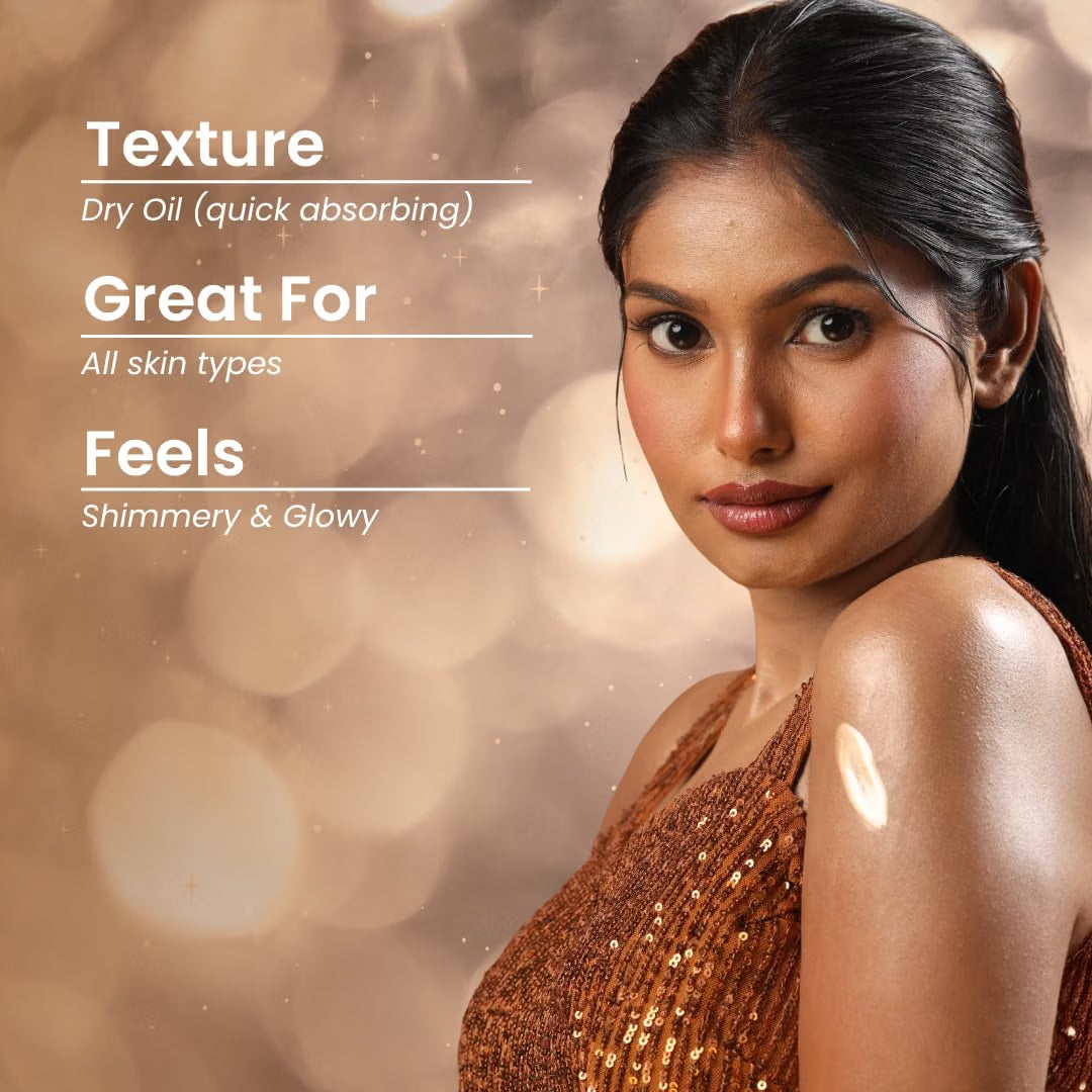 Suroskie Glow Drip 50ml Body Highlighter (Golden Hour, with Brush) | Shimmer for Radiant & Luminous Skin | Non-Greasy & Quick Absorbing | with Superfood Oils & Gold Mica | Body Shimmer for Women