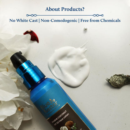 Blue Nectar Coconut Sunscreen SPF 50 Lotion for Normal Skin | No White Cast, Plant Based Sunscreen with Vitamin C for Skin Brightening (18 Herbs, 50ml)
