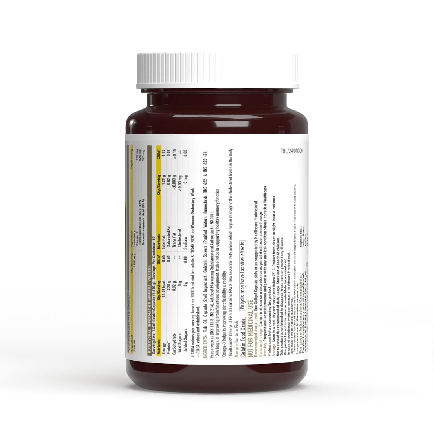 Brown supplement bottle with white label on a white background