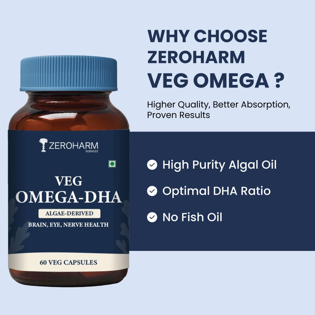 Zeroharm Veg Omega DHA Capsules 400mg | Plant-Based Omega-3 from Algae (Not Fish Oil) | Supports Brain, Heart, Eye & Joint Health | Veg Omega 3 DHA Supplement for Men and Women | 60 Capsules