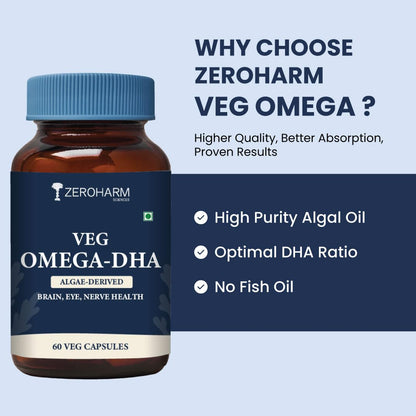 Zeroharm Veg Omega DHA Capsules 400mg | Plant-Based Omega-3 from Algae (Not Fish Oil) | Supports Brain, Heart, Eye & Joint Health | Veg Omega 3 DHA Supplement for Men and Women | 60 Capsules