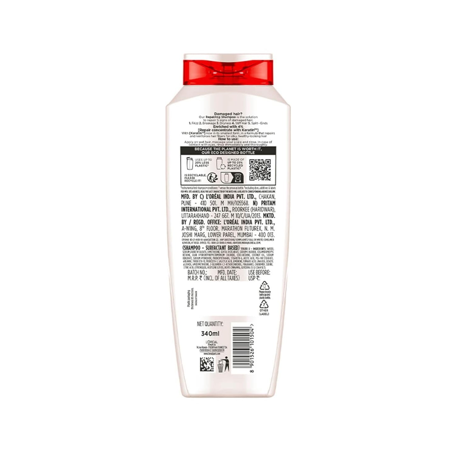 Back of a shampoo bottle with a red cap on a white background