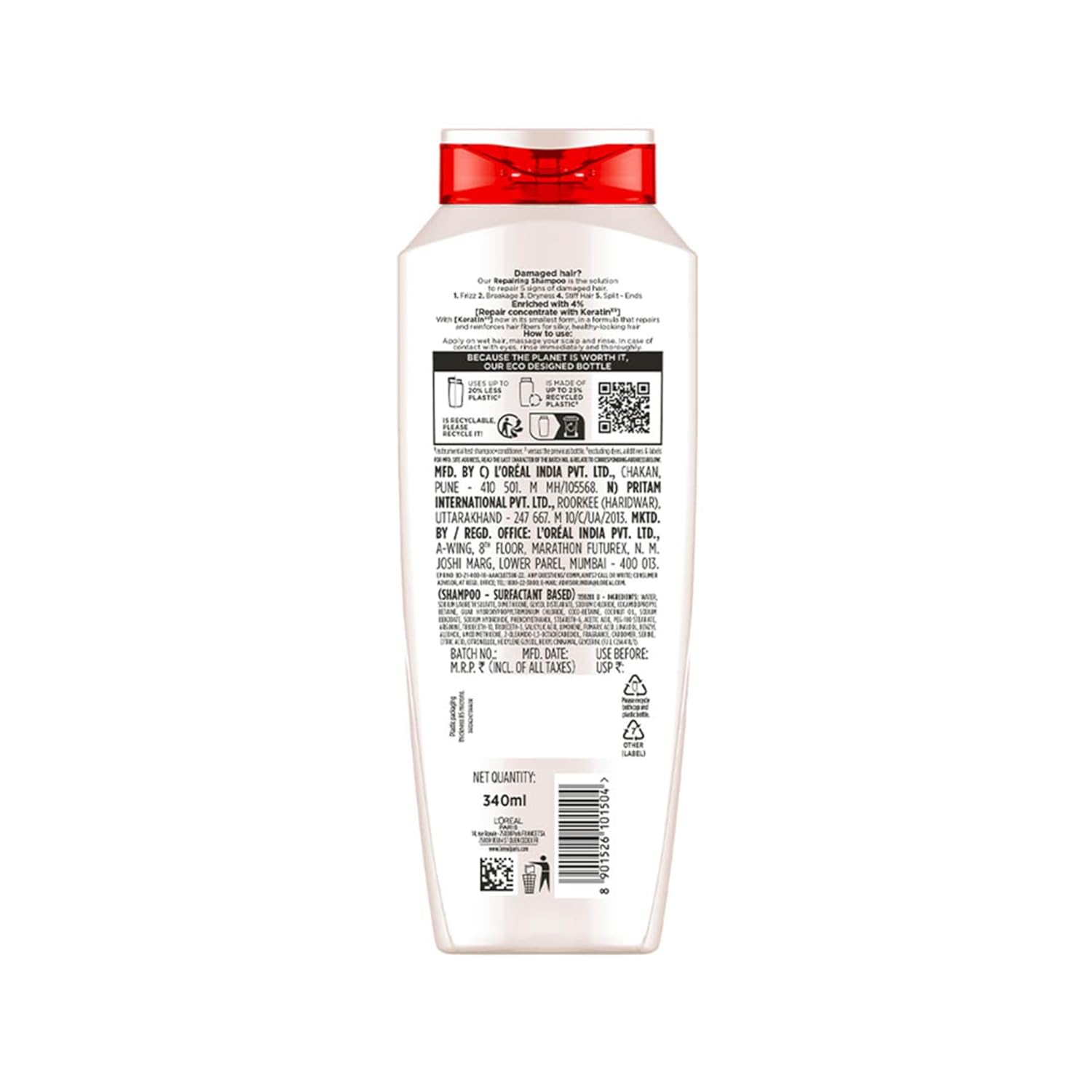 Back of a shampoo bottle with a red cap on a white background