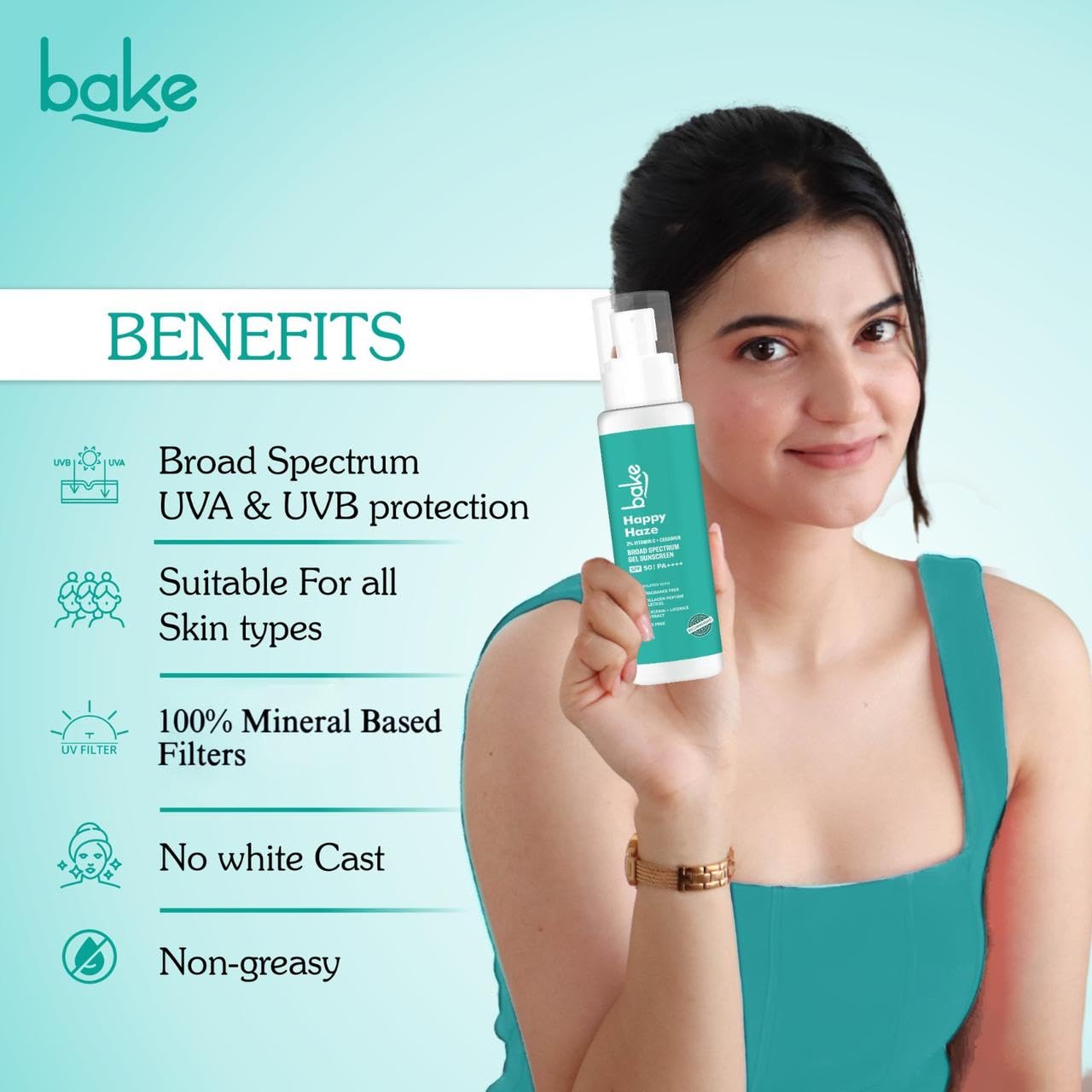 BAKE Happy Haze 100% Mineral Sunscreen SPF 50 PA++++ with 2% Vitamin C, Ceramide | For UV A/B &Blue Light Protection | Lightweight & Non-Greasy Sunscreen | 100ml