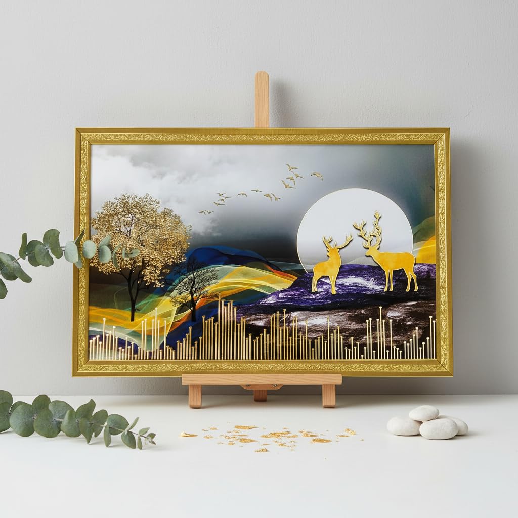 3D Golen Foil Modern Art Positive Vibes Landscape | Framed Painting | Ready to Hang - (Multicolor, 14 Inch x 20 Inch)