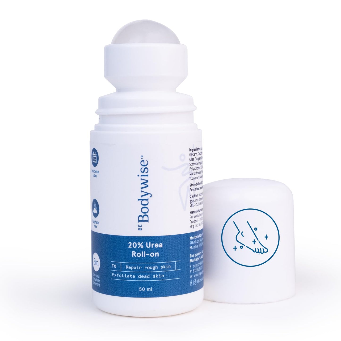 Be Bodywise 20% Urea Foot Cream Roll On 50ml | For Dry & Cracked Heels | With 2% Lactic Acid, Olive Oil & Vitamin E | Helps Repair and Moisturise Cracked Heels